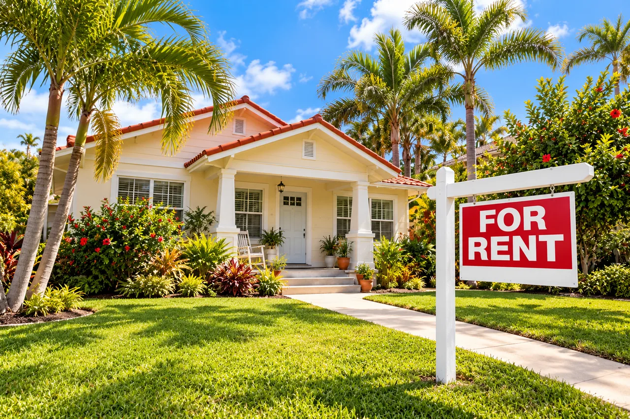 Illustrative rental property with a For Rent sign